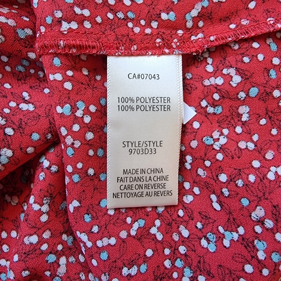 Max Studio Red White & Turquoise Button Down V Neck Flowy Blouse - Picture 9 of 10